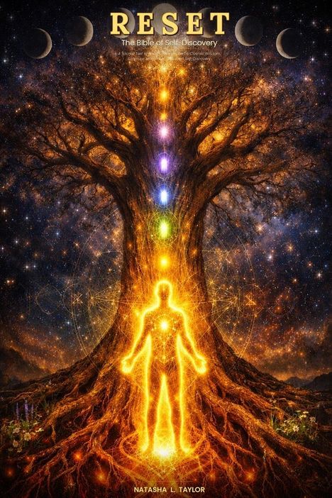 "RESET: The Bible of Self-Discovery" und "NATASHA L. TAYLOR". Leuchtende Figur vor kosmischen Baum, Chakren dargestellt.