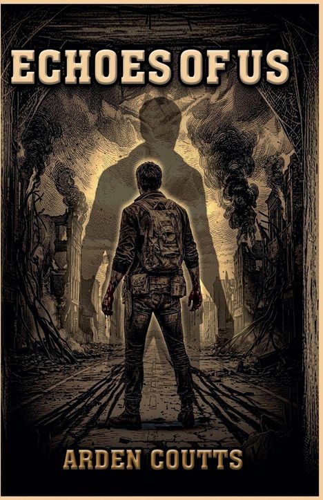 "Echoes of Us", "Arden Coutts". Illustration: Eine Person mit blutigen Händen steht in einer zerstörten Stadt vor einem Schatten.