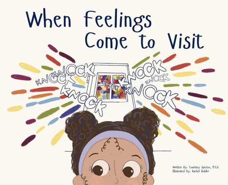 "When feelings come to visit" steht groß oben. Ein Kind schaut mit großen Augen nach oben; im Hintergrund Klopfgeräusche am Fenster.