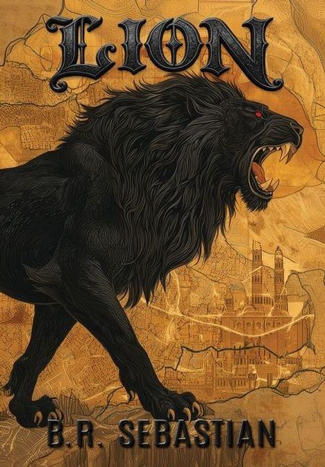 "LION" und "B.R. SEBASTIAN". Illustration: Schwarzer Löwe auf Stadtkarte, im Hintergrund eine Kathedrale.