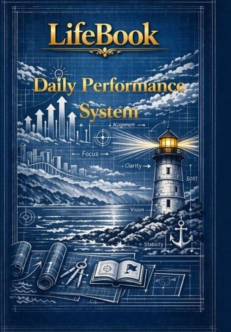 "LifeBook Daily Performance System", Illustration eines Leuchtturms mit Diagrammen und Begriffen wie "Focus" und "Clarity".
