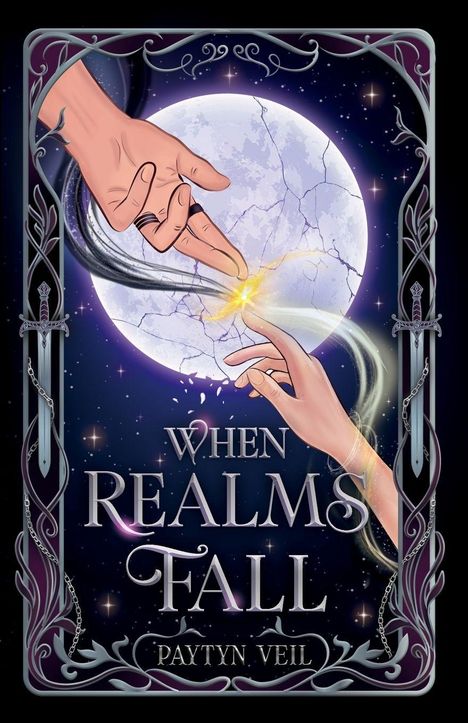 Text: "When Realms Fall" und "Paxtyn Veil". Zwei Hände berühren sich vor einem Mond, umgeben von einem dekorativen Rahmen.