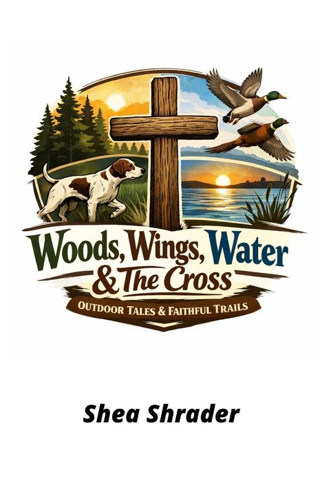 "Woods, Wings, Water & The Cross. Outdoor Tales & Faithful Trails. Shea Shrader." Hund, Kreuz, Enten, Wald und Sonnenuntergang.