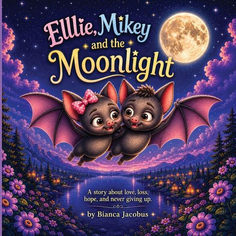 Der Text lautet: "Ellie, Mikey and the Moonlight." Zwei süße Fledermäuse vor nächtlicher Landschaft, Mond und Blumen.