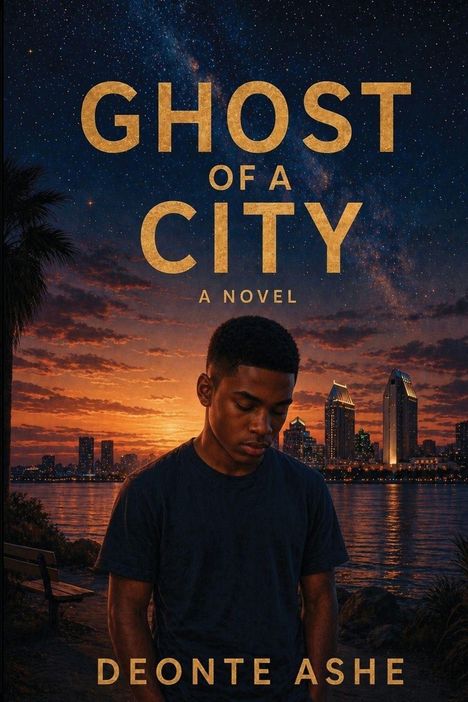 „GHOST OF A CITY“ steht oben, darunter „A NOVEL“. Unten der Name „DEONTE ASHE“. Ein nachdenklicher junger Mann vor einer Stadtsilhouette bei Sonnenuntergang.