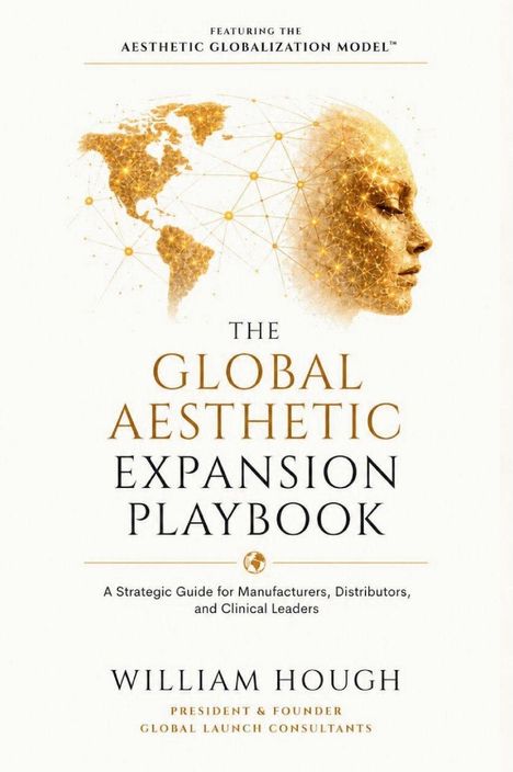 "The Global Aesthetic Expansion Playbook" von William Hough. Kopfprofil und Weltkarte aus verbundener Geometrie.