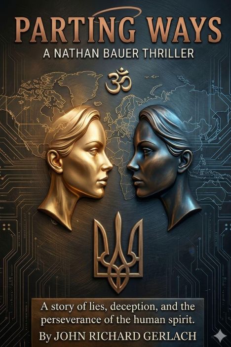"PARTING WAYS. A Nathan Bauer Thriller. A story of lies, deception, and the perseverance of the human spirit." Zwei Profilköpfe, Gold und Blau, auf Weltkartenhintergrund, darunter ein stilisiertes Emblem.