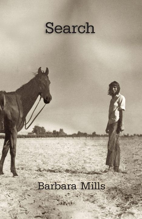 "Search" und "Barbara Mills". Eine Person steht auf einem Feld neben einem Pferd, in sepia gehalten.