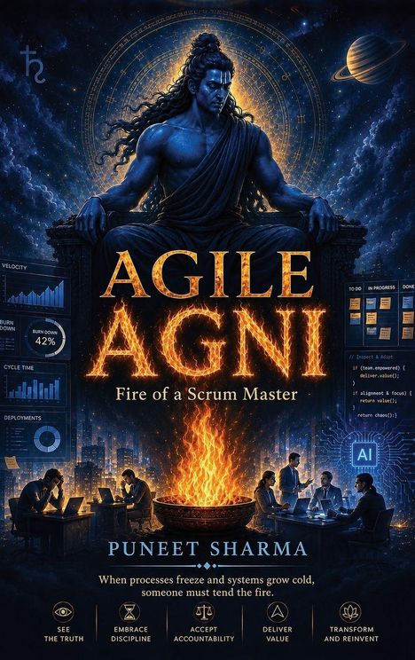 „AGILE AGNI: Fire of a Scrum Master“ und „PUNEET SHARMA“ im Zentrum. Illustration von Shiva über einem Feuerschale.