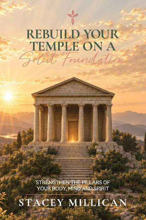 „REBUILD YOUR TEMPLE ON A Solid Foundation“ steht über einem antiken Tempel in Sonnenuntergangslicht.