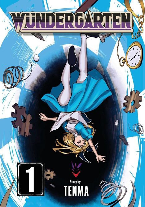 "WUNDERGARTEN" und "Story by TENMA" stehen oben. Illustration: Mädchen in Blau fällt, umgeben von Zahnrädern und einer Uhr.