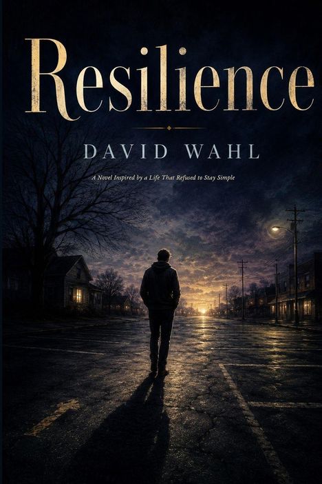 "Resilience" von David Wahl. Eine Person geht in einer dunklen, beleuchteten Straße bei Sonnenuntergang.
