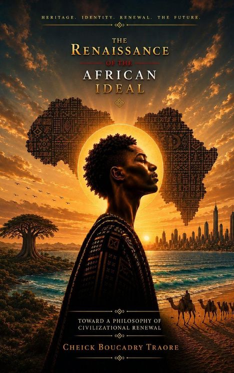"The Renaissance of the African Ideal" in goldener Schrift dominiert. Afrikas Silhouette, ein junger Mann, futuristische Stadt im Hintergrund.