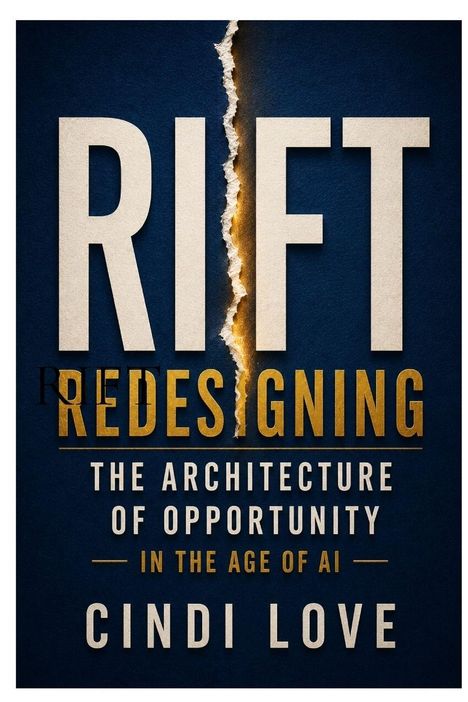 Buchtitel: "RIFT: REDESIGNING" Untertitel: "THE ARCHITECTURE OF OPPORTUNITY IN THE AGE OF AI" Autorin: CINDI LOVE. Design in Blau und Beige.