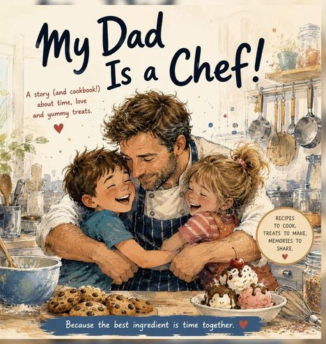 "My Dad Is a Chef!" Illustrierte Szene in einer Küche mit einem Vater, der mit seinen freudigen Kindern kocht.