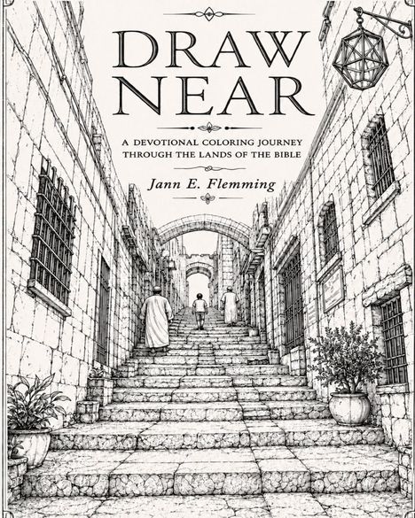 "Draw Near: A Devotional Coloring Journey Through the Lands of the Bible" von Jann E. Flemming. Steintreppe zwischen alten Gebäuden, zwei Menschen, eine Laterne.