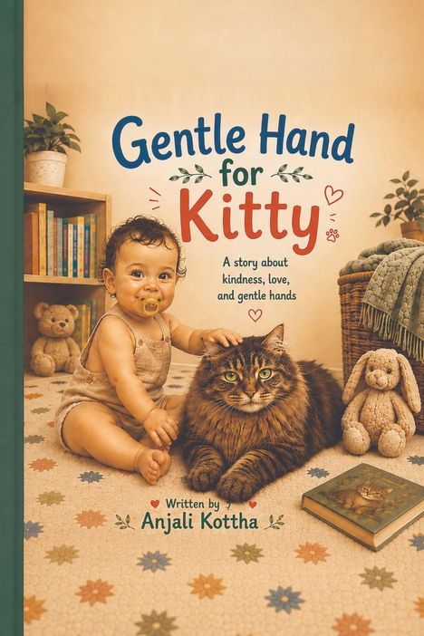 „Gentle Hand for Kitty“ ist ein Buchcover mit einem Baby, das eine Katze streichelt, umgeben von Spielzeug und Pflanzen.