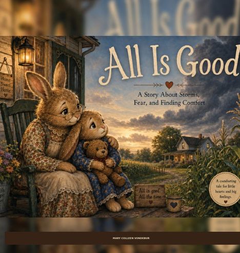 Text: "All Is Good", "A Story About Storms, Fear, and Finding Comfort", "All is good. All the time", "A comforting tale for little hearts and big feelings." Illustration: Zwei Hasen sitzen auf einer Veranda, der Himmel zeigt Wolken im Sonnenuntergang.
