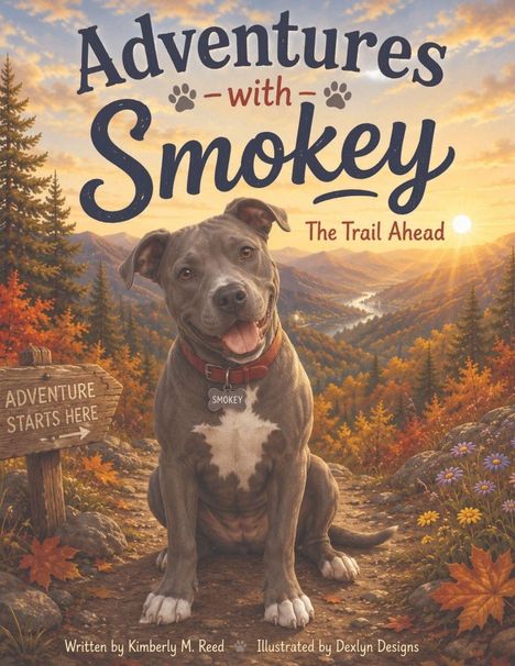 „Adventures with Smokey: The Trail Ahead“ steht oben. Ein Hund sitzt vor einer herbstlichen Landschaft. Ein Schild sagt „Adventure Starts Here“.