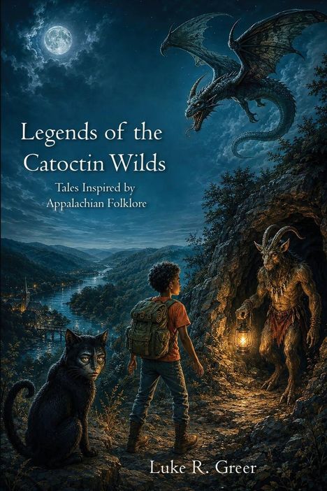 „Legends of the Catoctin Wilds“, ein Junge steht vor einer Höhle mit einer Kreatur, ein Drache fliegt hoch.