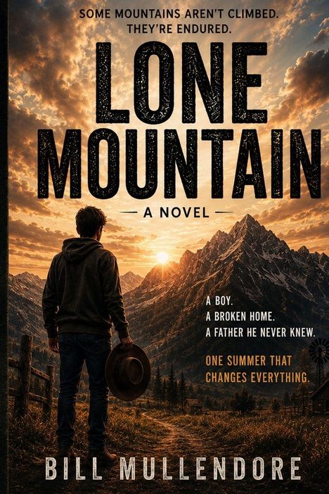 Text: "Some mountains aren’t climbed. They’re endured. LONE MOUNTAIN - A Novel. A boy. A broken home. A father he never knew. One summer that changes everything. Bill Mullendore".  
Beschreibung: Junge mit Hut in Berglandschaft bei Sonnenuntergang.