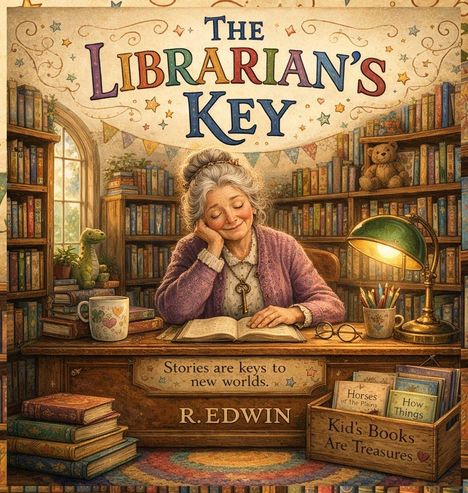 „The Librarian's Key“, „Stories are keys to new worlds“, „R. Edwin“, „Kid’s Books Are Treasures“. Alte Dame schläft lächelnd.