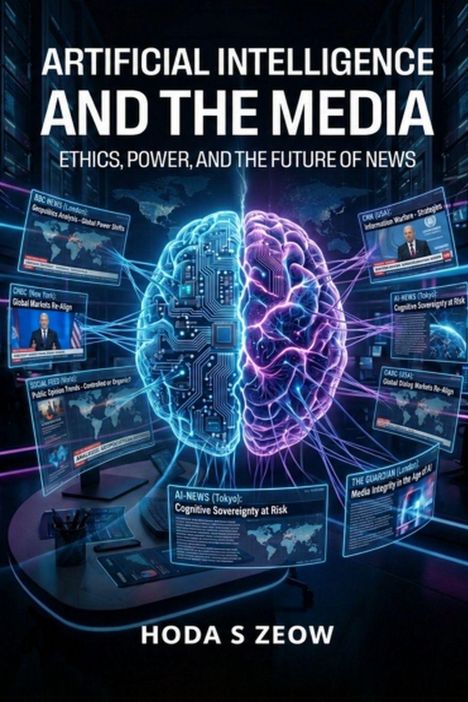 Buchcover: "ARTIFICIAL INTELLIGENCE AND THE MEDIA" von Hoda S Zeow. Darstellung eines digitalen Gehirns mit Bildschirmen.