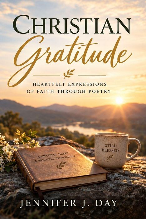 „Christian Gratitude“, „Heartfelt Expressions of Faith Through Poetry“, „Still Blessed“, „A Grateful Heart, A Brighter Tomorrow“. Ein Sonnenuntergang über einem See, Buch und Tasse auf einem Felsen.