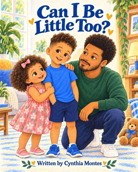 "Can I Be Little Too?" und "Written by Cynthia Montes". Illustrationen eines Mädchens, Jungen und Mannes in einem gemütlichen Raum.