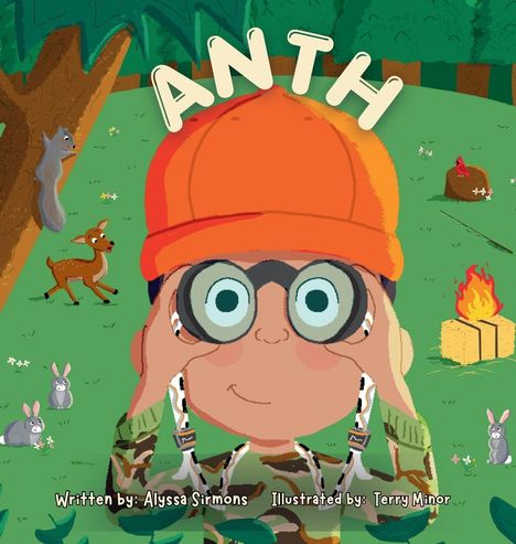 Text: "ANTH". Illustration eines Kindes mit Fernglas im Wald, umgeben von Tieren und einem Lagerfeuer.