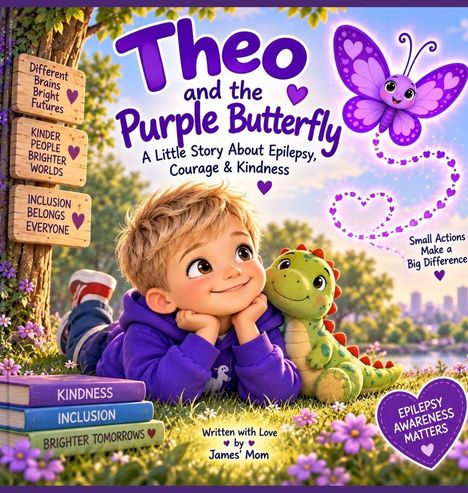 "Theo and the Purple Butterfly" mit fröhlichem Kind und Plüschtier unter Baum. Botschaft zu Epilepsie, Mut und Freundlichkeit.