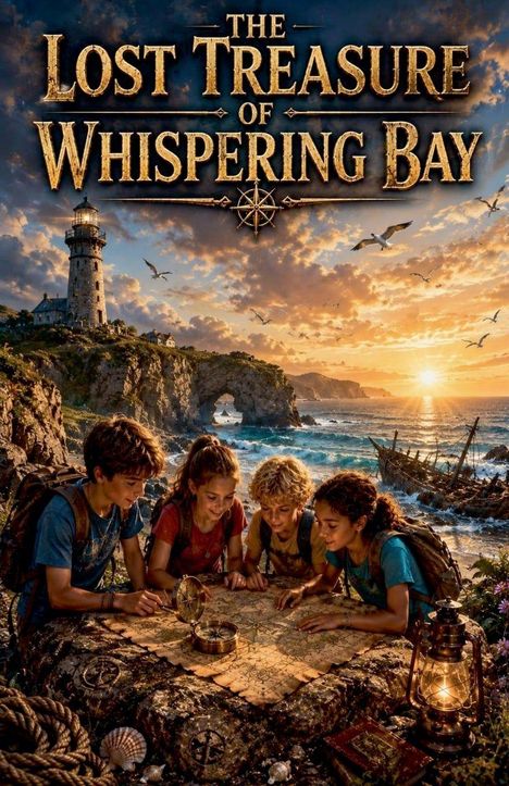 „The Lost Treasure of Whispering Bay“. Vier Kinder beugen sich über eine Schatzkarte. Im Hintergrund ein Leuchtturm am Meer.