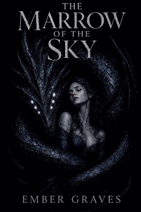 Text: "The Marrow of the Sky, Ember Graves." Eine Frau wird von einem Drachen umschlungen.
