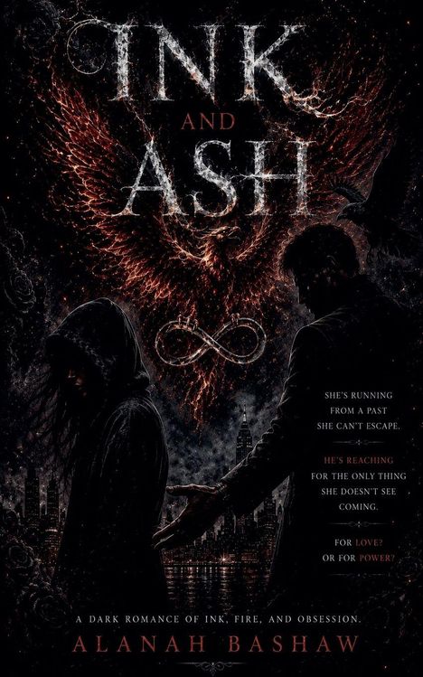 "INK AND ASH" zentriert, darüber Flügel aus Flammen. Zwei Silhouetten: eine Person mit Kapuze, die andere ausgestreckt.