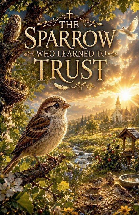 "The Sparrow Who Learned to Trust" steht vor einer idyllischen Landschaft mit Vögeln, Bäumen und einem Sonnenuntergang.