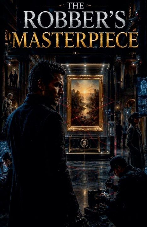 „THE ROBBER'S MASTERPIECE“ steht oben. Ein Mann im Vordergrund. Im Hintergrund ein Gemälde mit Lasersicherungen.