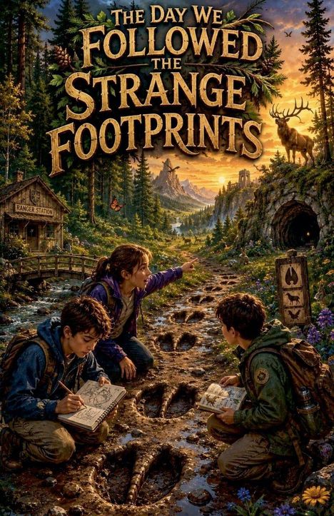 "The Day We Followed the Strange Footprints" oben in großer Schrift. Kinder folgen großen Fußspuren im Wald, Reh im Hintergrund.