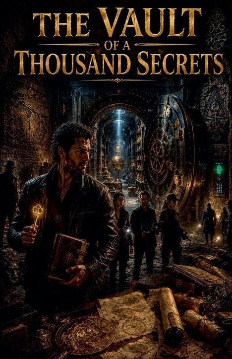 "The Vault of a Thousand Secrets". Ein Mann hält einen leuchtenden Schlüssel und ein Buch, vor einem massiven Tresor.