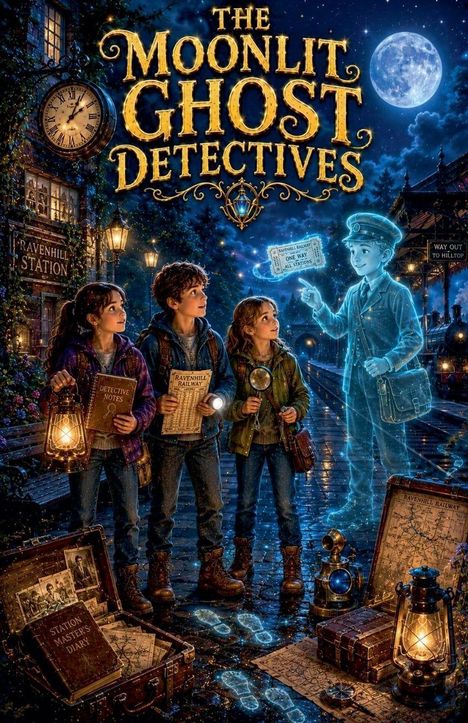 Das Logo zeigt: "The Moonlit Ghost Detectives". Drei Kinder mit Laterne und Lupe stehen vor einem Geisterlokführer.