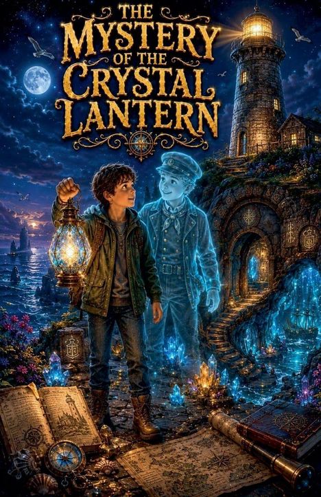 "The Mystery of the Crystal Lantern" steht über einem jungen Mann mit Laterne und einem Geisterjungen vor einem Leuchtturm.