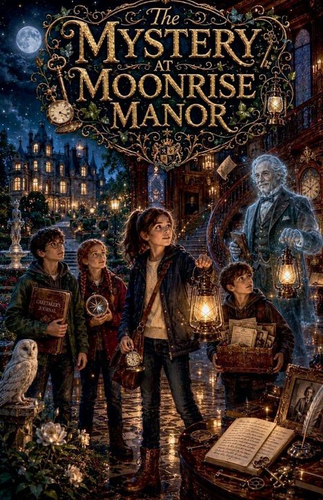 „The Mystery at Moonrise Manor“ steht oben. Kinder mit Laternen, ein Geist und eine Eule vor einem alten Herrenhaus.