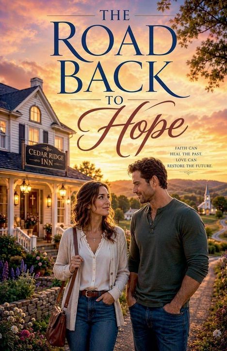 "The Road Back to Hope" oben, "Cedar Ridge Inn" auf Schild. Frau und Mann lächelnd, stehen vor einem Haus in ländlicher Umgebung.