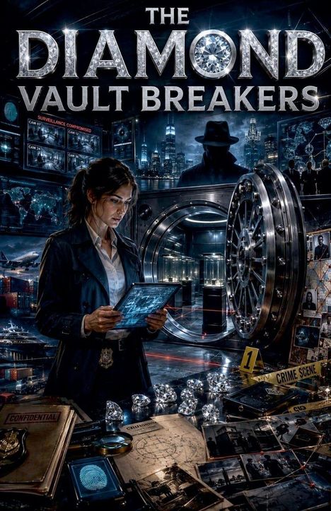 "The Diamond Vault Breakers" steht oben. Frau hält Tablet vor geöffneter Tresortür, Diamanten und Ermittlungsunterlagen liegen aus.