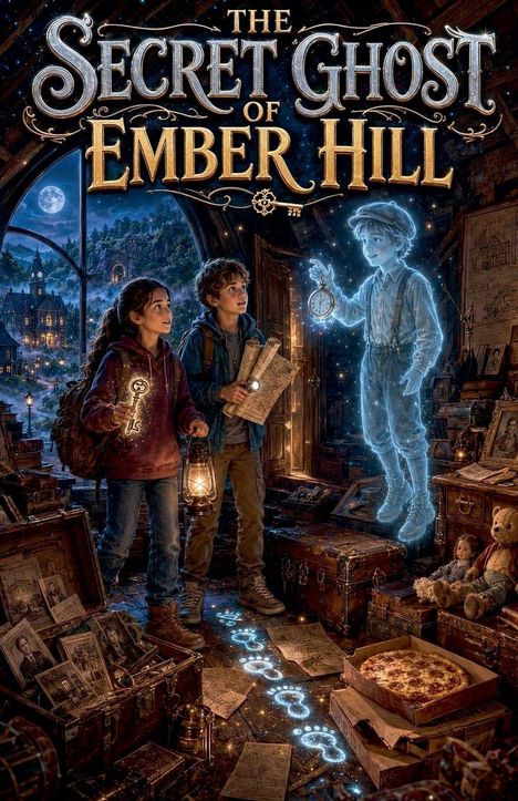 Der Text lautet: "The Secret Ghost of Ember Hill". Zwei Kinder mit Laterne und Karte, ein schimmernder Geisterjunge hält eine Uhr.