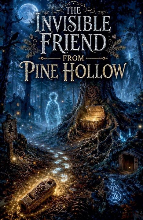 "The Invisible Friend from Pine Hollow." Eine leuchtende Gestalt geht durch einen nächtlichen Wald mit magischen Elementen.