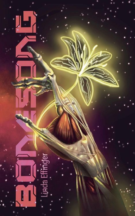 "Bonesong, Linda Effinger." Eine Illustration mit einem skelettartigen Arm, der eine leuchtende Blume hält vor Sternenhintergrund.