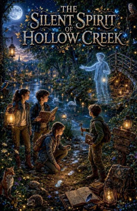 "The Silent Spirit of Hollow Creek" erscheint über einem nächtlichen Wald mit Menschen, Geistern und Tieren um einen Fluss.