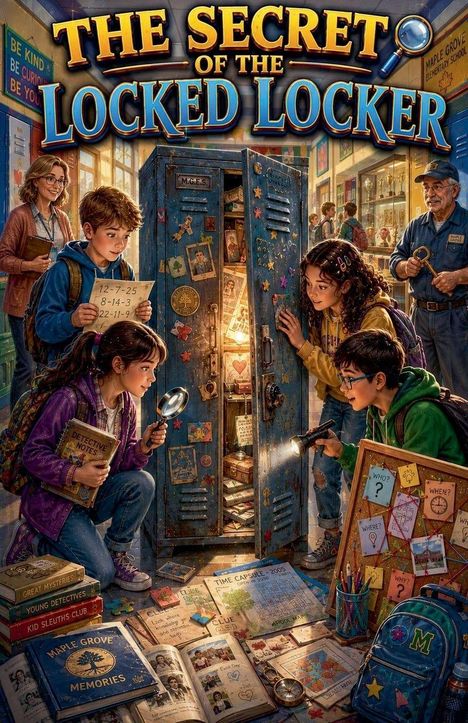 "THE SECRET OF THE LOCKED LOCKER" in großen Buchstaben. Kinder untersuchen neugierig einen offenen Spind mit Taschenlampe.