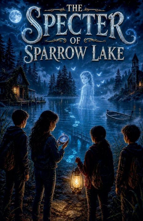 „THE SPECTER OF SPARROW LAKE“ erscheint. Nächtliche Szene mit vier Kindern, einem Geist über dem See und einer Lampe.