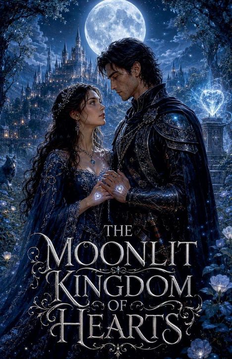 „The Moonlit Kingdom of Hearts“ – Ein Paar in historischer Kleidung unter Mondschein, vor einem Schloss, umgeben von Magie.